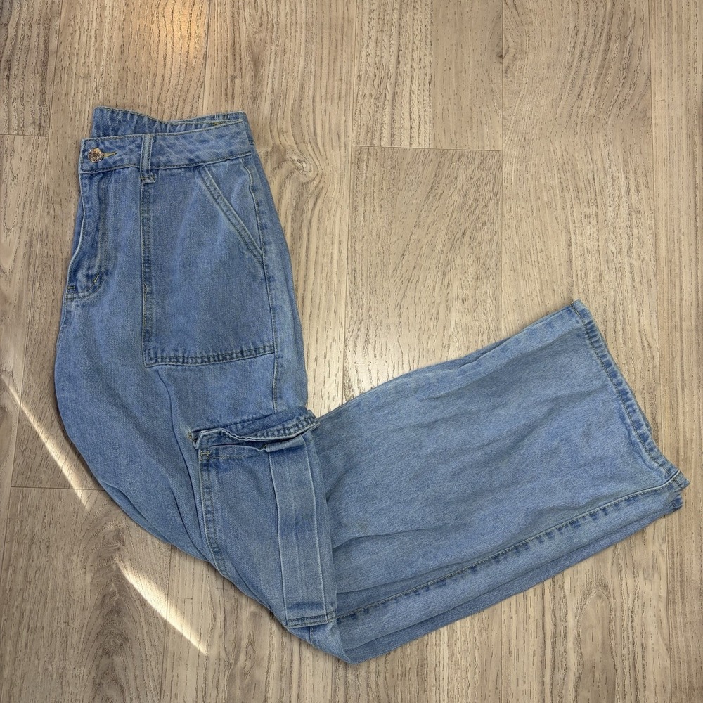 SHEIN Y2K Wide‎ Leg Cargo Jeans Utility Workwear Denim Pants Light Blue Large